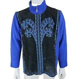 Bob Mackie Wearable Art Jacket Woman 2X Blue Suede Artsy Embroidered Boho Zip
